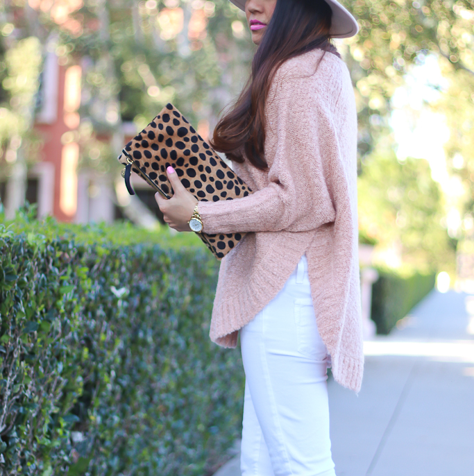 Clare V leopard foldover clutch, J.Crew wool fedora hat, Lou & Grey Boucle Poncho, Paige denim verdugo white cropped jeans, Vince Camuto Franell western booties