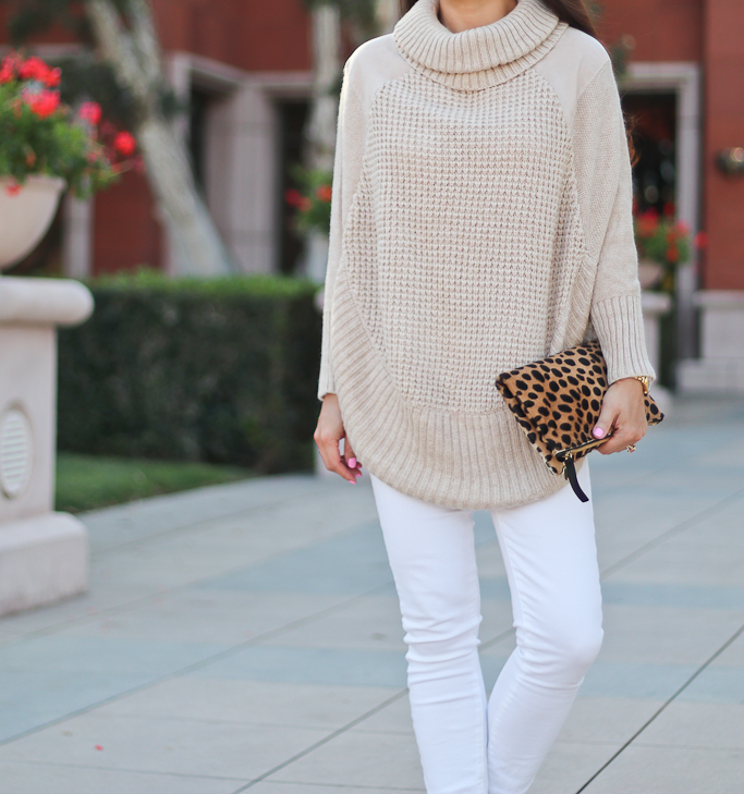 Clare V leopard foldover clutch, Maison Jules Faux-Suede-Detail Poncho Sweater, Paige denim verdugo white cropped jeans, Vince Camuto Franell western booties