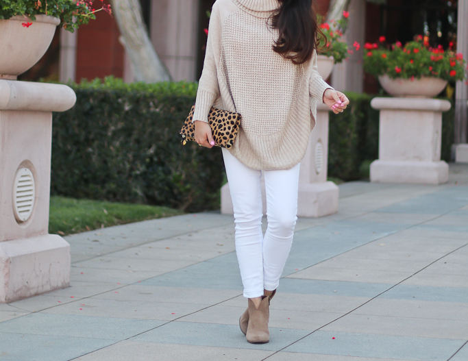 petite friendly poncho white jeans ankle booties leopard clutch