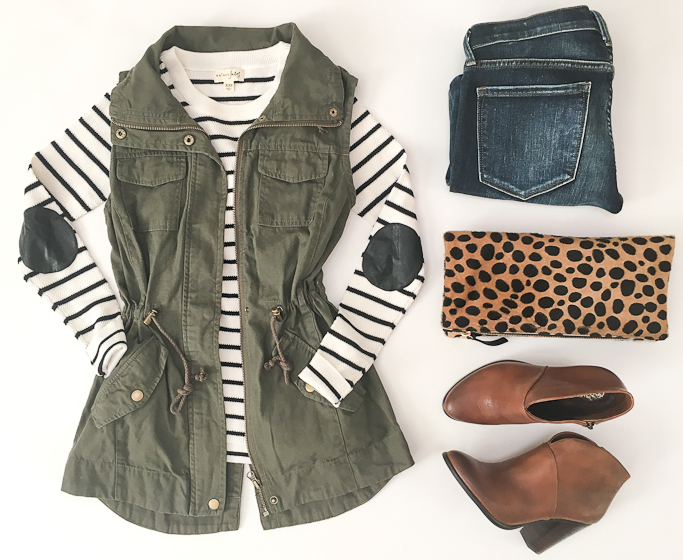 American Rag olive utility vest, Maison Jules striped elbow patch sweater, Vince Camuto franell ankle booties, Clare V leopard foldover clutch