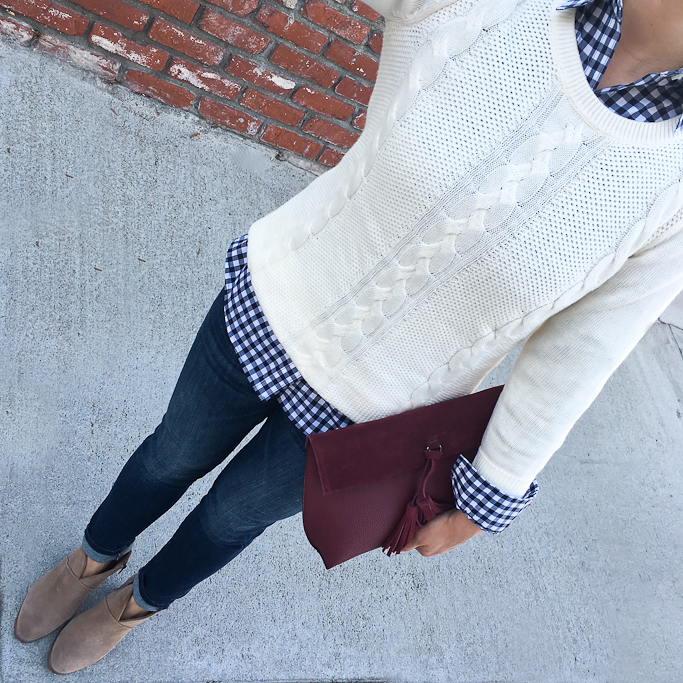 Banana Republic Gingham shirt. Banana Republic skinny ankle jeans, Burgundy Crossbody, Talbots Classic Crewneck Sweater, Vince Camuto Franell western booties