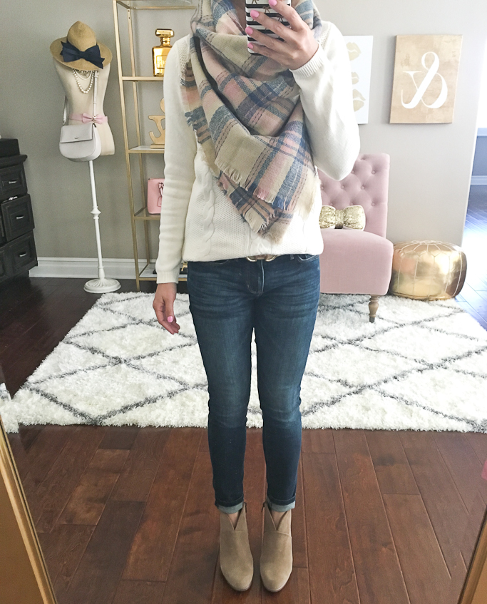 'Pretty Plaid' Oblong Scarf, Banana Republic Indigo Skinny Ankle Jeans, Talbots Classic Crewneck Sweater, Talbots Novelty-Buckle Reversible Belt, Vince Camuto Franell western booties