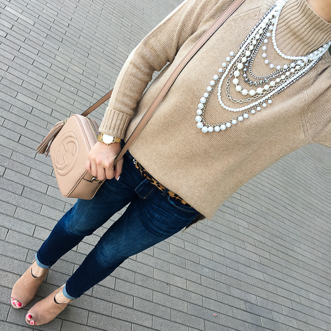 Ann Taylor camel tunic sweater, pearlized statement necklace, Gucci disco soho bag, Steve Madden Claara block sandals, Banana Republic skinny ankle jeans