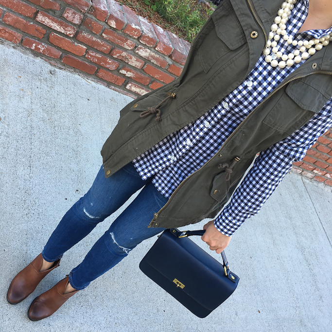 gingham shirt utility vest fall outfit cognac booties