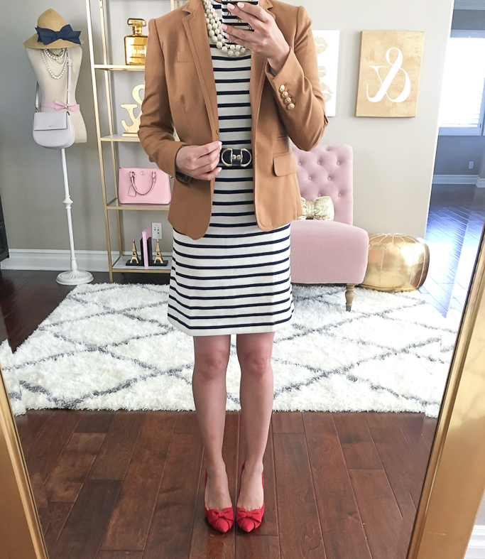 J.Crew camel schoolboy blazer, French Connection striped terry dress, Talbots reversible belt, Halogen red bow pumps