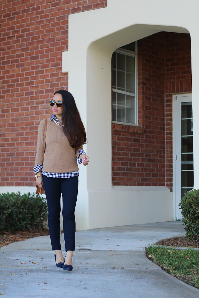 Camel cashmere sweater and gingham shirt