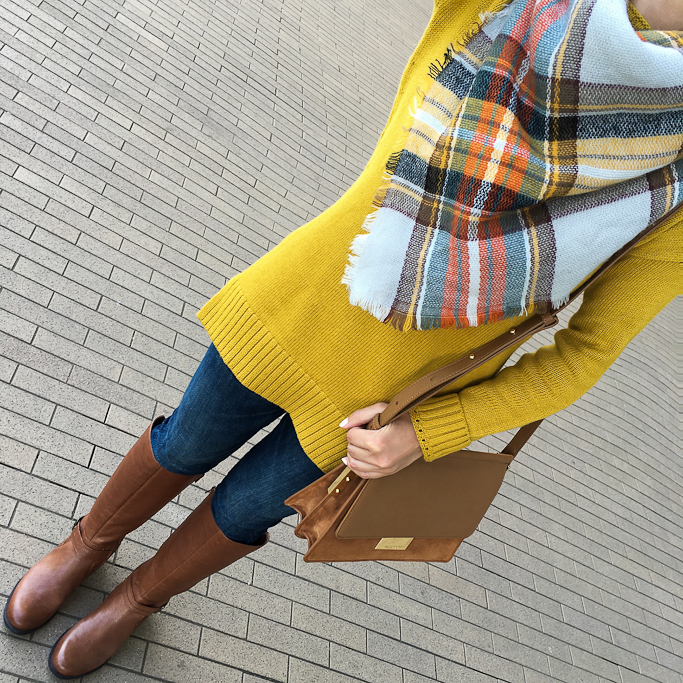 loft-mustard-tunic-sweater-and-plaid-scarf-over-the-head