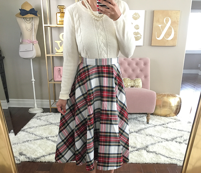 holiday outfit, Plaid midi skirt, Talbots Classic Crewneck Sweater