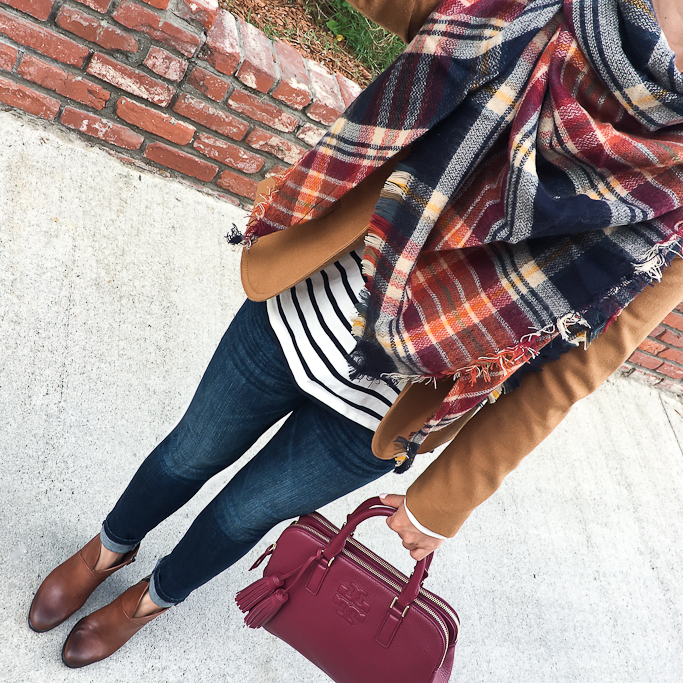 BP plaid heritage scarf, J.Crew schoolboy blazer, striped long sleeve tee, Tory Burch thea double zip satchel, Vince Camuto Franell western booties, Banana Republic Indigo Skinny Ankle Jeans