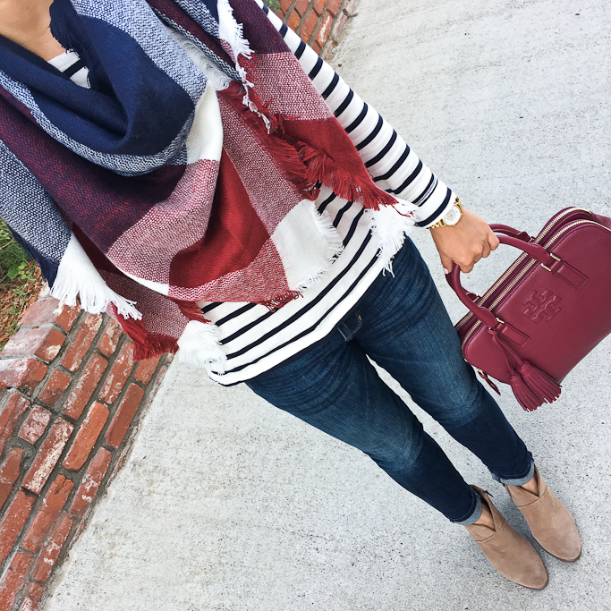 BP Plaid Triangle Scarf, striped shirt, Banana Republic , Vince Camuto Franell western booties, Tory Burch thea double zip satchel