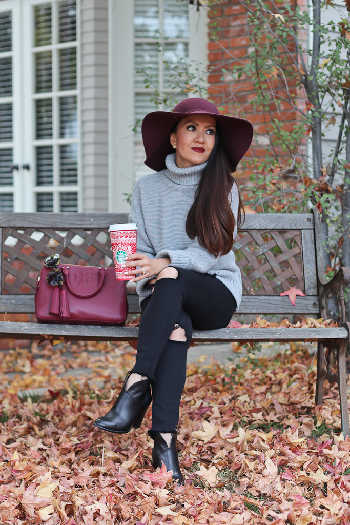 chunky gray sweater black distressed jeans ankle booties burgundy floppy hat casual fall outfit