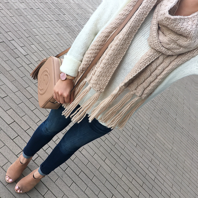 David & Young cable knit scarf, Velvet by Graham & Spencer scallop hem sweater, Gucci soho disco bag, Steve Madden Claara sandals, Banana Republic ankle jeans