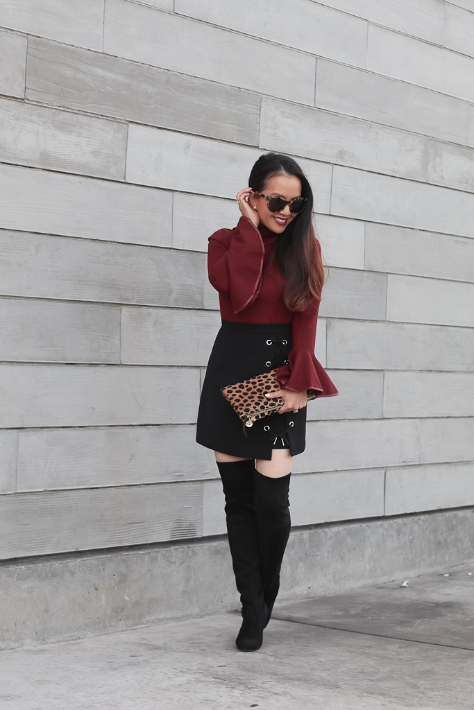 chicwish-cheer-flare-sleeves-top-in-wine-stylish-tie-bud-skirt-in-black-steve-madden-gleemer-thigh-high-over-the-knee-boots-clare-v-leopard-foldover-clutch-4