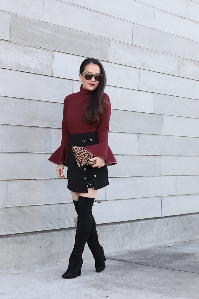 Chicwish Cheer Flare Sleeves Top in Wine, Stylish Tie Bud Skirt in Black, Steve Madden Gleemer thigh high over the knee boots, Clare V leopard foldover clutch