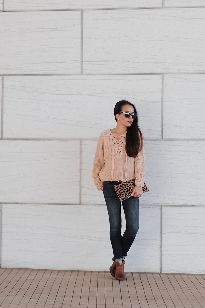Banana Republic Indigo Skinny Ankle Jeans, Chicwish lace up mood sweater, Clare V leopard foldover clutch, Tory Burch cat eye tortoise sunglasses, Vince Camuto Franell western booties