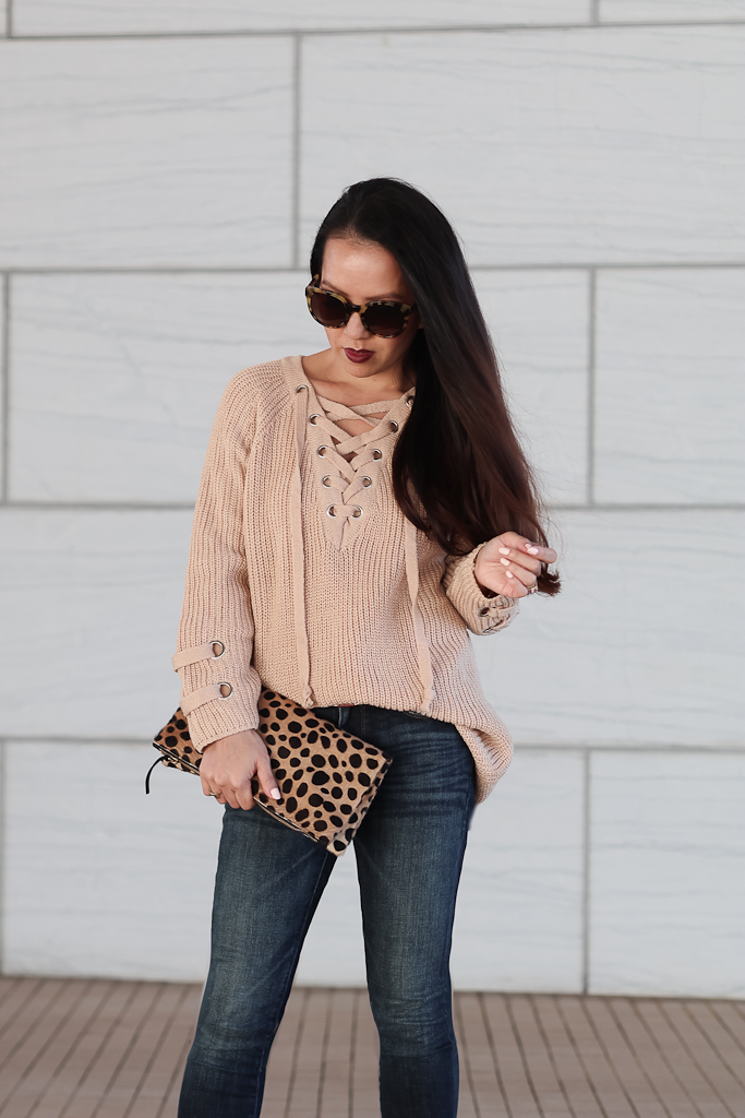Banana Republic Indigo Skinny Ankle Jeans, Chicwish lace up mood sweater, Clare V leopard foldover clutch, Tory Burch cat eye tortoise sunglasses, Vince Camuto Franell western booties