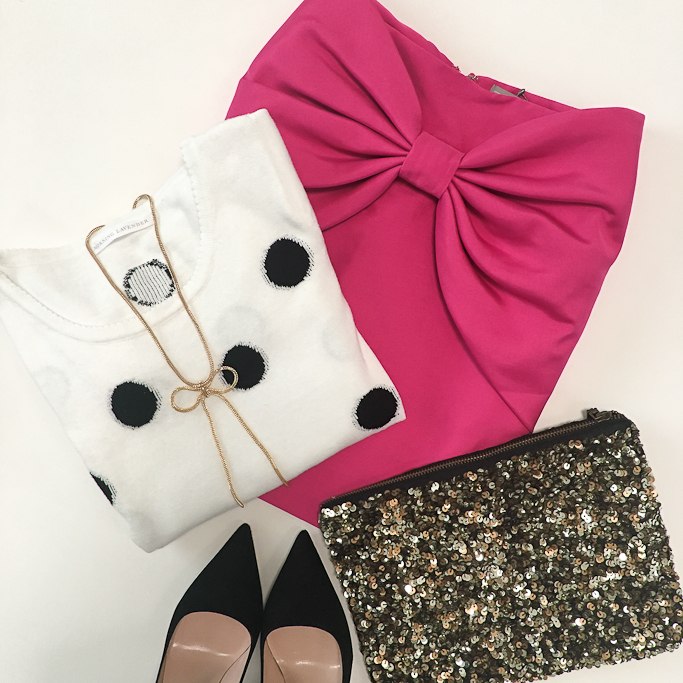 pink-bow-skirt-polka-dot-sweater-and-sequin-clutch
