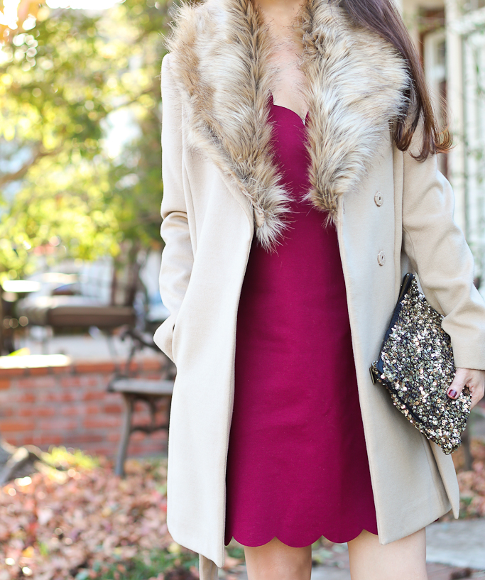 burgundy-scallop-dress-and-faux-fur-collar-coat