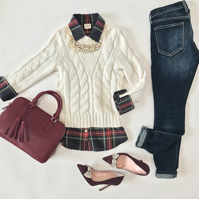 Cable knit sweater, J.Crew plaid shirt, Tory Burch thea double zip satchel, Pearl bib necklace, bow pumps