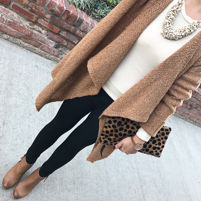 drapey cardigan leopard clutch ankle booties ponte black leggings casual fall outfit