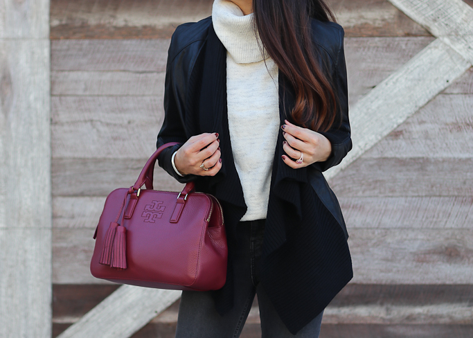 BlankNYC All or Nothing Faux Leather Jacket, Chunky Turtleneck sweater, Topshop Jamie Shredded High Rise Skinny Jeans