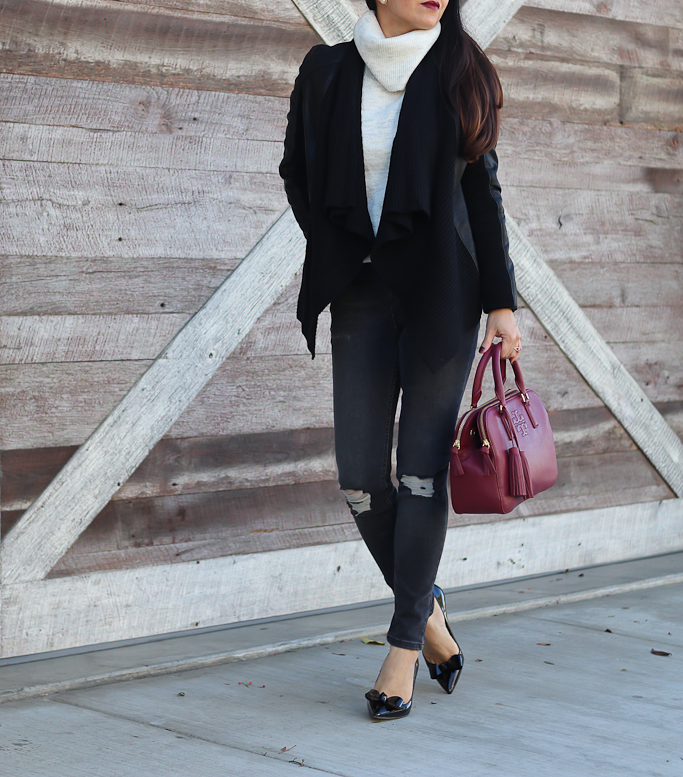 BlankNYC All or Nothing Faux Leather Jacket, Chunky Turtleneck sweater, Topshop Jamie Shredded High Rise Skinny Jeans