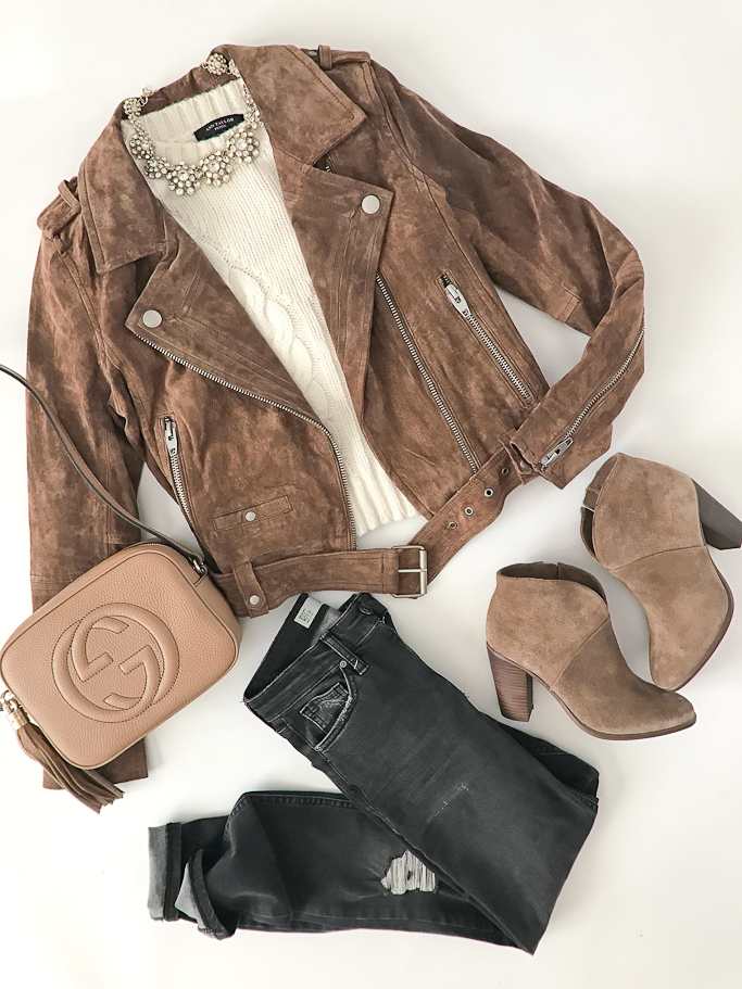 BlankNYC MORNING SUEDE MOTO JACKET, Gucci soho disco leather bag, Topshop Jamie Shredded High Rise Skinny Jeans, Vince Camuto Franell western booties