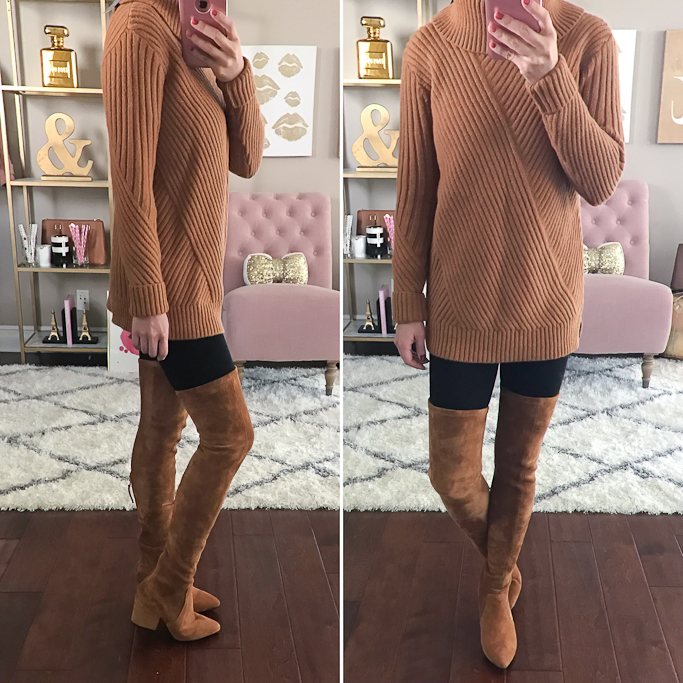 brown over the knee boots chunky knit sweater fall outfit