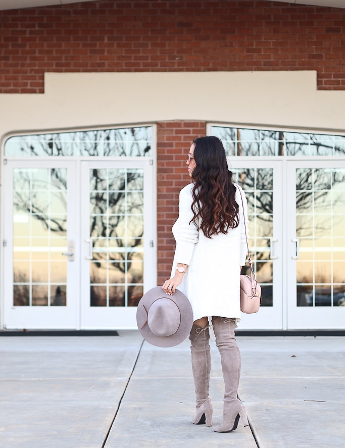 Caslon white cotton blend cardigan, gray body con dress, Grey wool hat, J.Crew SIGNET BAG IN ITALIAN LEATHER, Stuart Weitzman highland over the knee boots