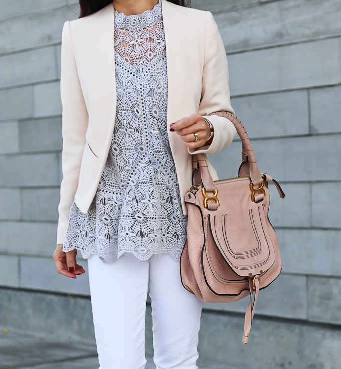 Chicwish Art of Crochet Top in Grey, Chloe marcie small leather satchel, louboutin pigalle nude pumps, Tophop petite molly blazer