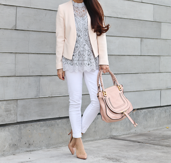 Chicwish Art of Crochet Top in Grey, Chloe marcie small leather satchel, louboutin pigalle nude pumps, Tophop petite molly blazer