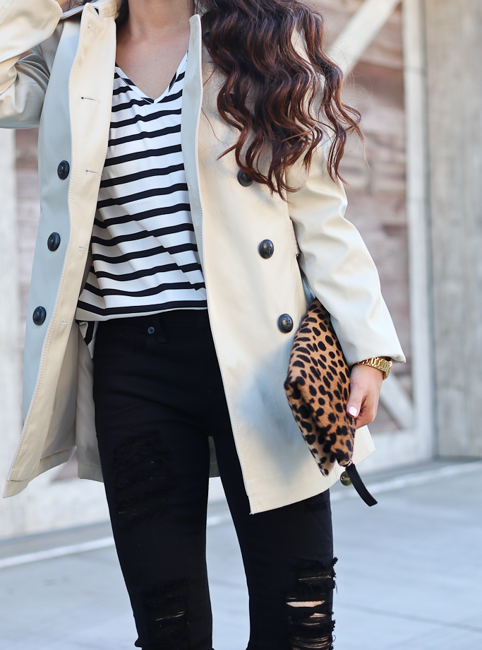 Clare V leopard foldover clutch, Express petite classic trench coat, Express petite distressed mid-rise black jeans, striped rolled sleeve blouse, Vince Camuto Franell western booties