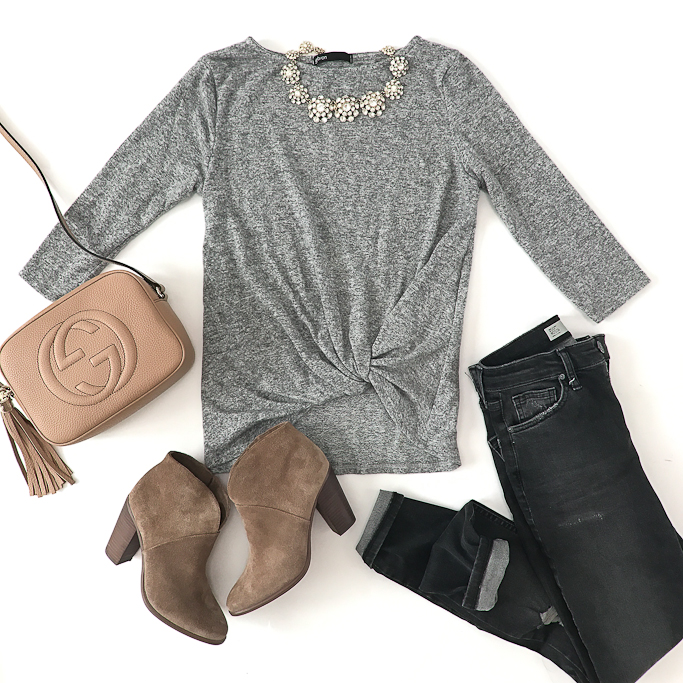 Gibson Twist front cozy fleece pullover, Gucci soho disco leather bag, Topshop Jamie Shredded High Rise Skinny Jeans, Vince Camuto Franell western booties