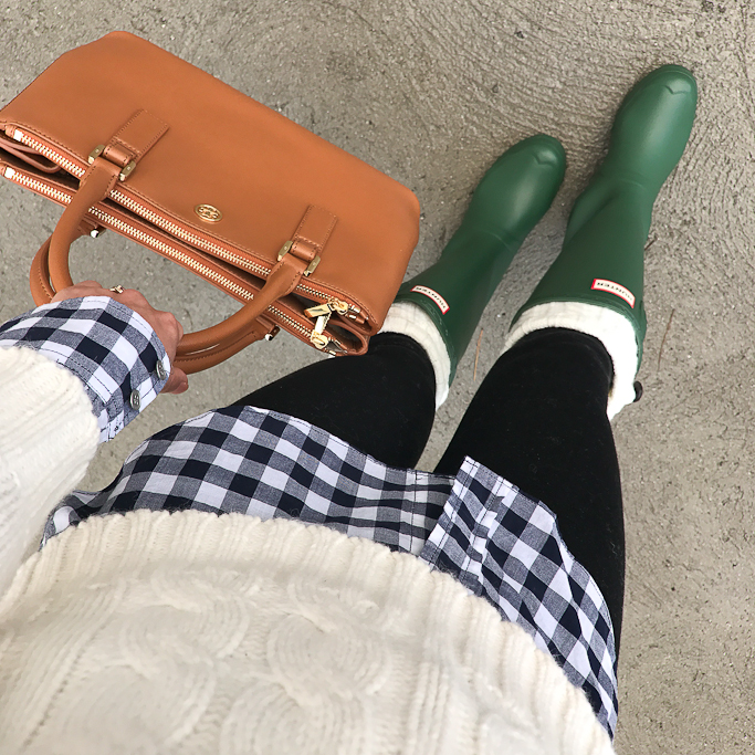 boot socks, Cable knit sweater, gingham shirt, Green Hunter Boots