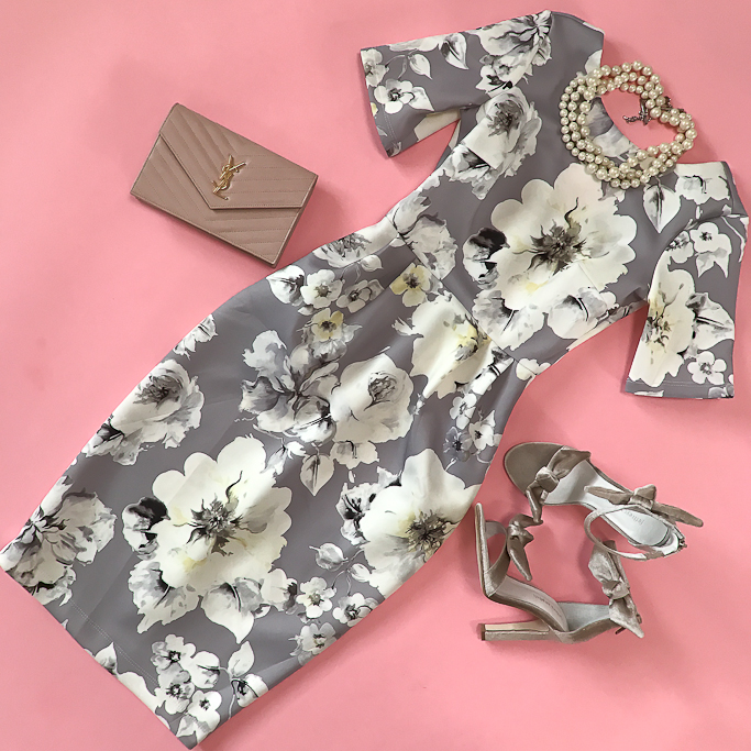 ASOS PETITE Smart Dress with V Back in Gray Floral Print, Jeffrey Campbell Minari Sandal, YSL saint laurent blush wallet on chain clutch