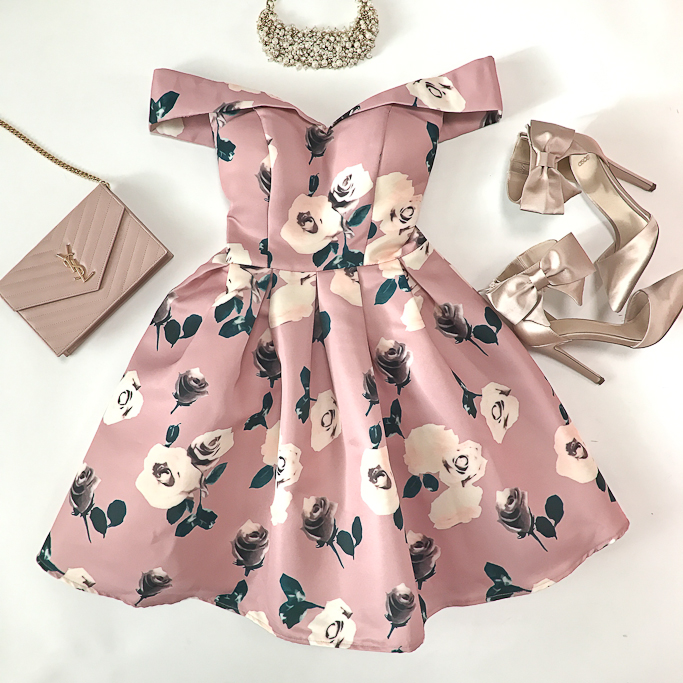 Asos CHI CHI PETITE ALL OVER FLORAL PRINTED BARDOT PROM DRESS, blush bow heels, YSL saint laurent blush wallet on chain clutch