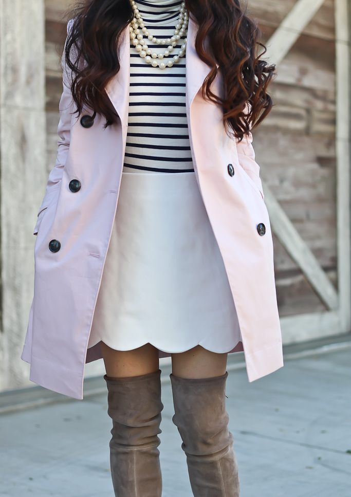 Banana Republic belted mac trench, Burberry Gabardine Trench Coat, pink trench coat, Striped turtleneck, Stuart Weitzman highland over the knee boots, Topshop white scalloped skirt