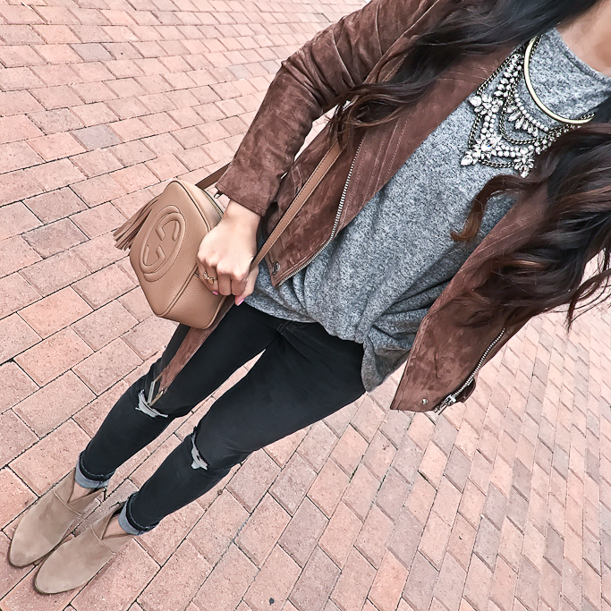 Baublebar Crystal Grendel Bib, Gibson Twist front cozy fleece pullover, Gucci soho disco leather bag, Topshop Jamie Shredded High Rise Skinny Jeans, Vince Camuto Franell western booties
