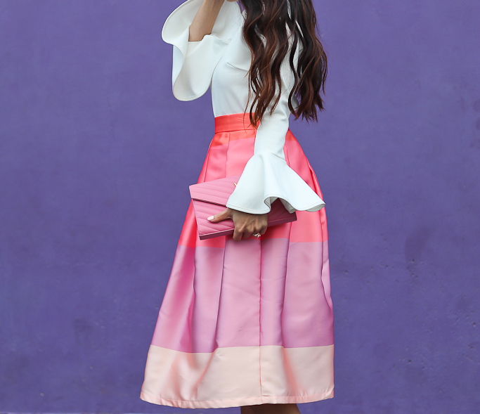 Cheer Flare Sleeves Top in White, Chicwish Lollipops Color Block Printed Midi Skirt, Manolo blahnik BB white pumps, YSL saint Laurent wallet on chain WOC