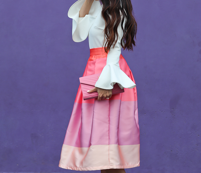 Chicwish Lollipops Color Block Printed Midi Skirt, Cheer Flare Sleeves Top in White, Saint Laurent MONOGRAM MATELASSÉ LEATHER CHAIN WALLET