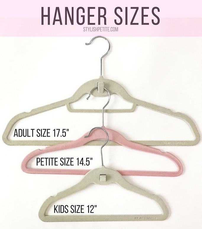 Regular size wood adult hangers measure about 17" and petite hangers are 15.5". Here is the difference in sizes: