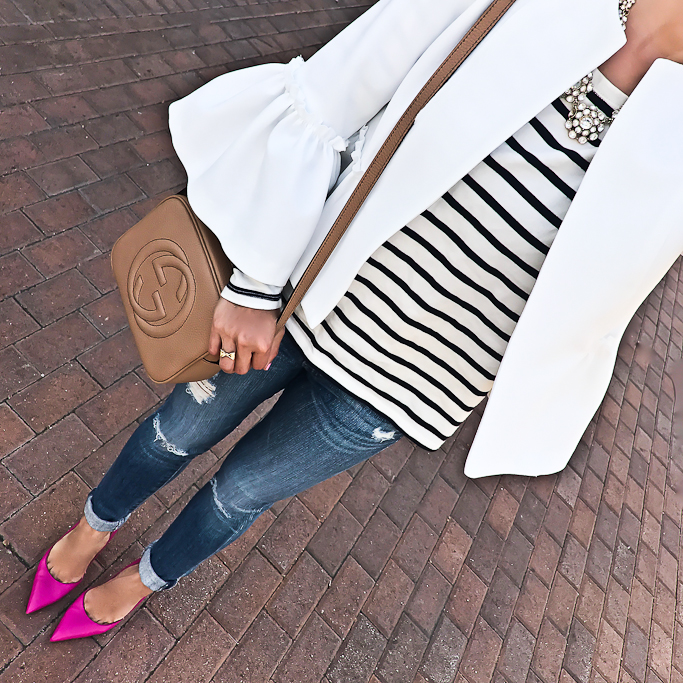 AG distressed super skinny jeans, Gucci soho disco leather bag, Kate Spade lottie pink pumps, striped shirt, Topshop ruffle crop jacket