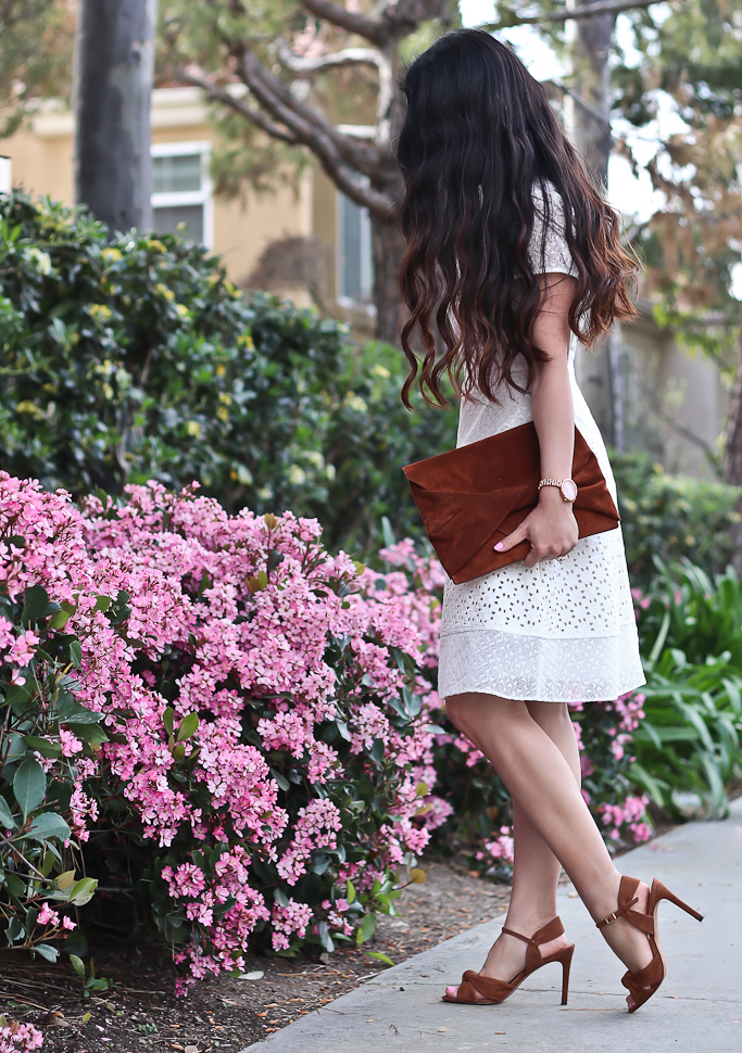 Banana Republic white lace dress and cognac clutch and sandals