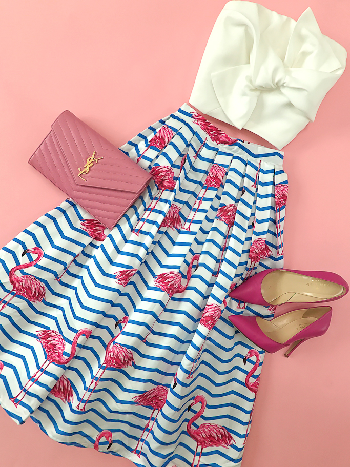 Chicwish Flamingo striped skirt, bow knot top, YSL saint laurent wallet on chain