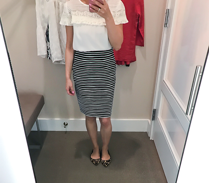 Loft PETITE PINTUCKED LACE RUFFLE, STRIPED PULL ON PENCIL SKIRT