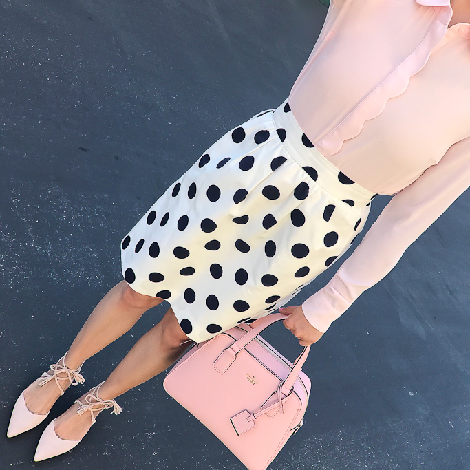 Maison Jules pink scalloped blouse, polka dot skirt, blush lace up flats, kate spade pink purse