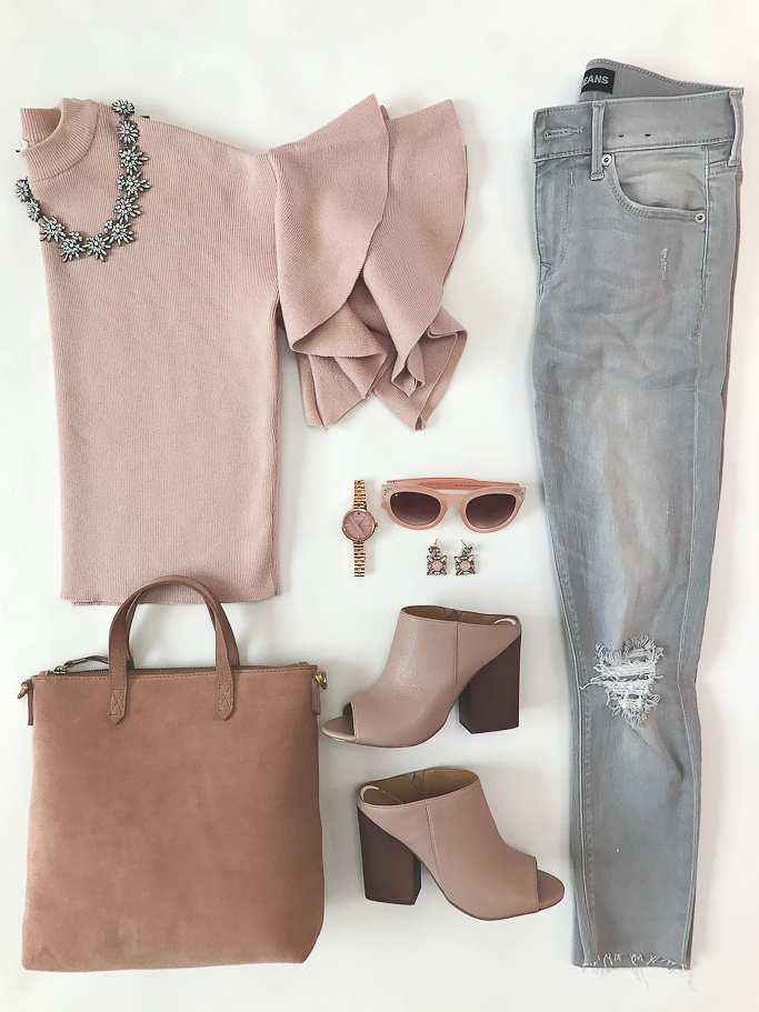 River Island Petite pink knit double frill sleeve top, Express distressed gray jeans, Madewell Mini Transport Suede Crossbody Bag, Linea Paolo Gabby Block Heel Mule
