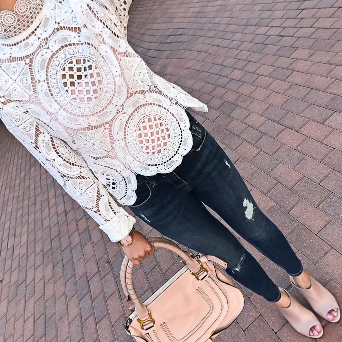 Chloe marcie small leather satchel, Linea Paolo Gabby Block Heel Mule, River Island Petite dark blue distressed Amelie jeans, White Long Sleeve Hollow Lace Blouse