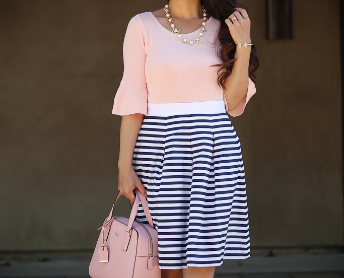 Talbots flounce sweater, Loft striped pleated skirt, Kate spade pink purse