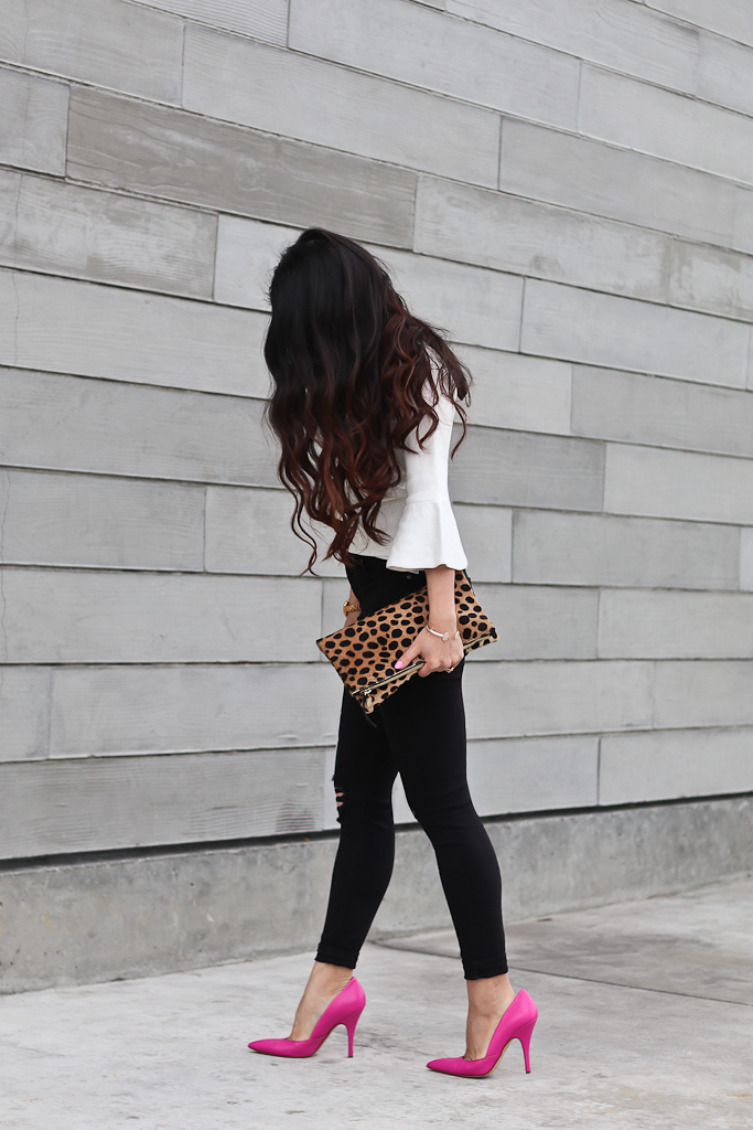 Clare V leopard foldover clutch, Kate Spade lottie pink pumps, Topshop petite ripped high waist black jeans, Topshop scallop neck fluted sweater